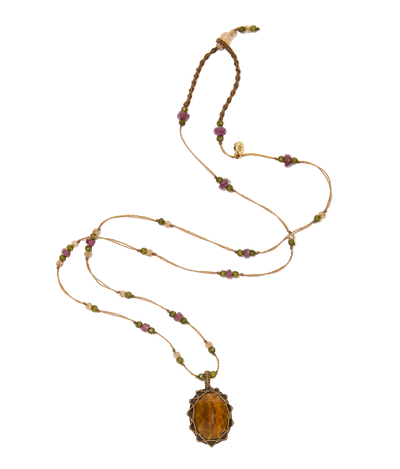 Collier Court Tibétain - Honey quartz - Mix rubis - Fil Tabac