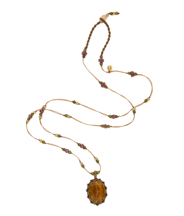 Collier Court Tibétain - Honey quartz - Mix rubis - Fil Tabac