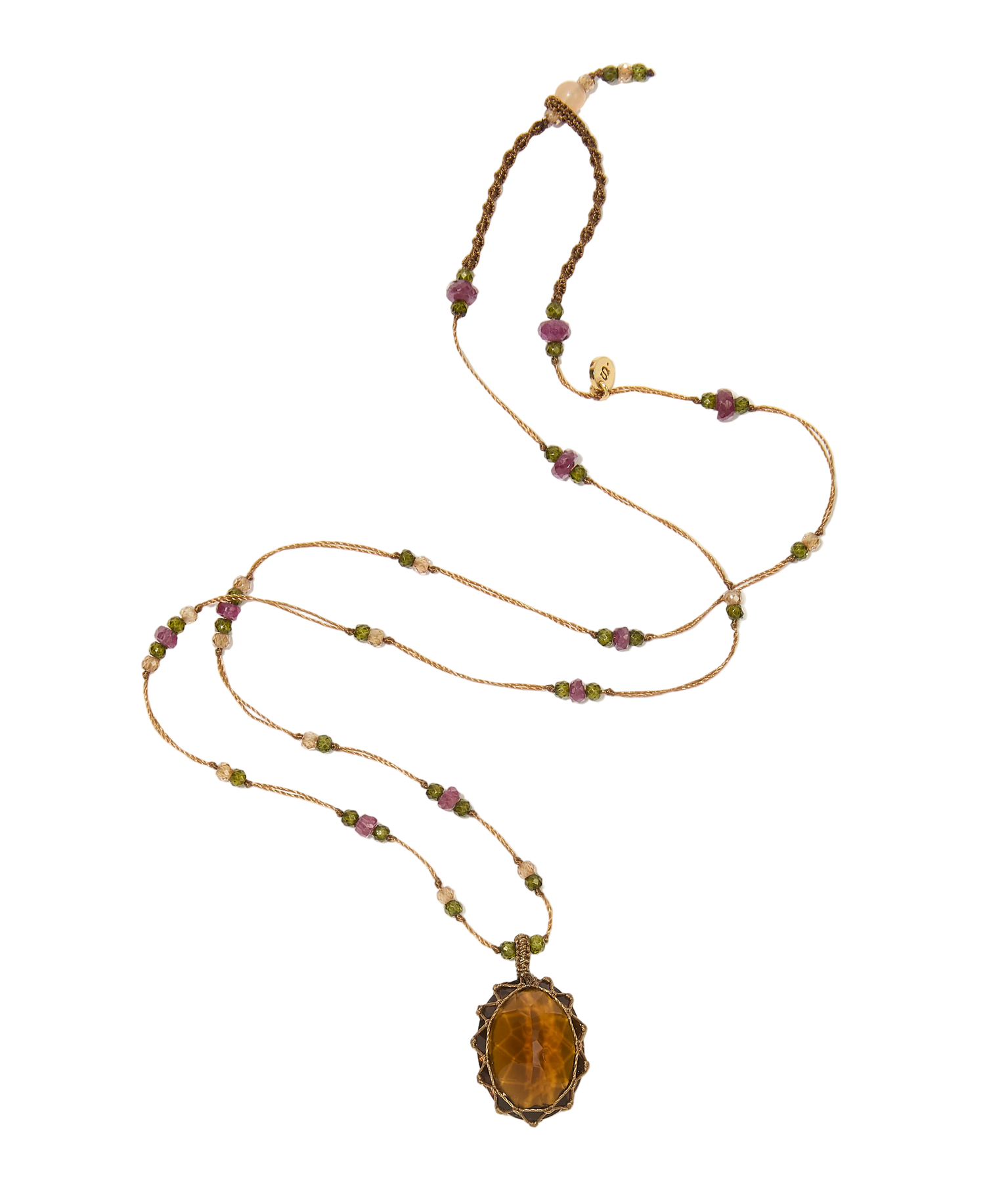 Collier Court Tibétain - Honey quartz - Mix rubis - Fil Tabac