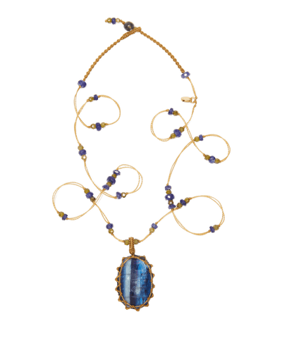 Collier Court Tibétain - Kyanite Bleue - Mix Saphir - Fil Beige