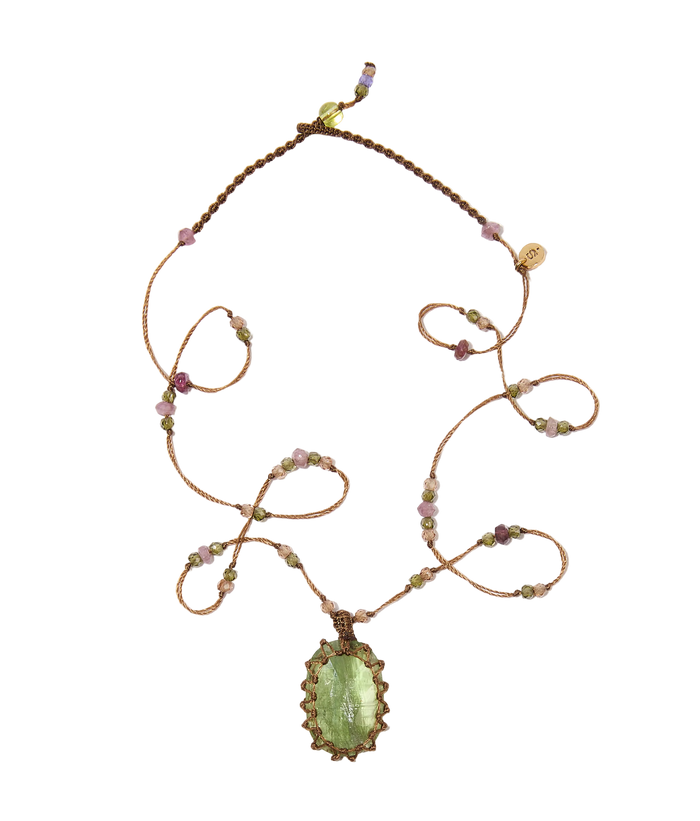 Collier Court Tibétain - Kyanite - Mix Tourmaline - Fil Tabac