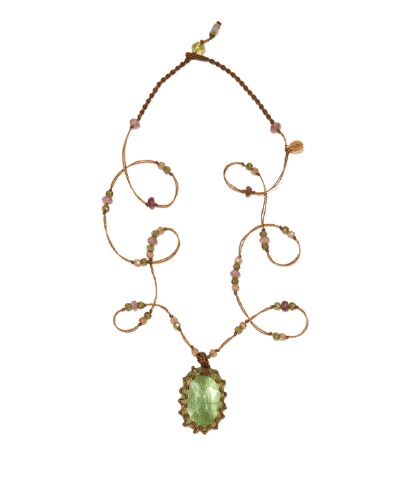 Collana Corta Tibetana - Kyanite Menta - Mix Tourmalina - Filo Tabacco