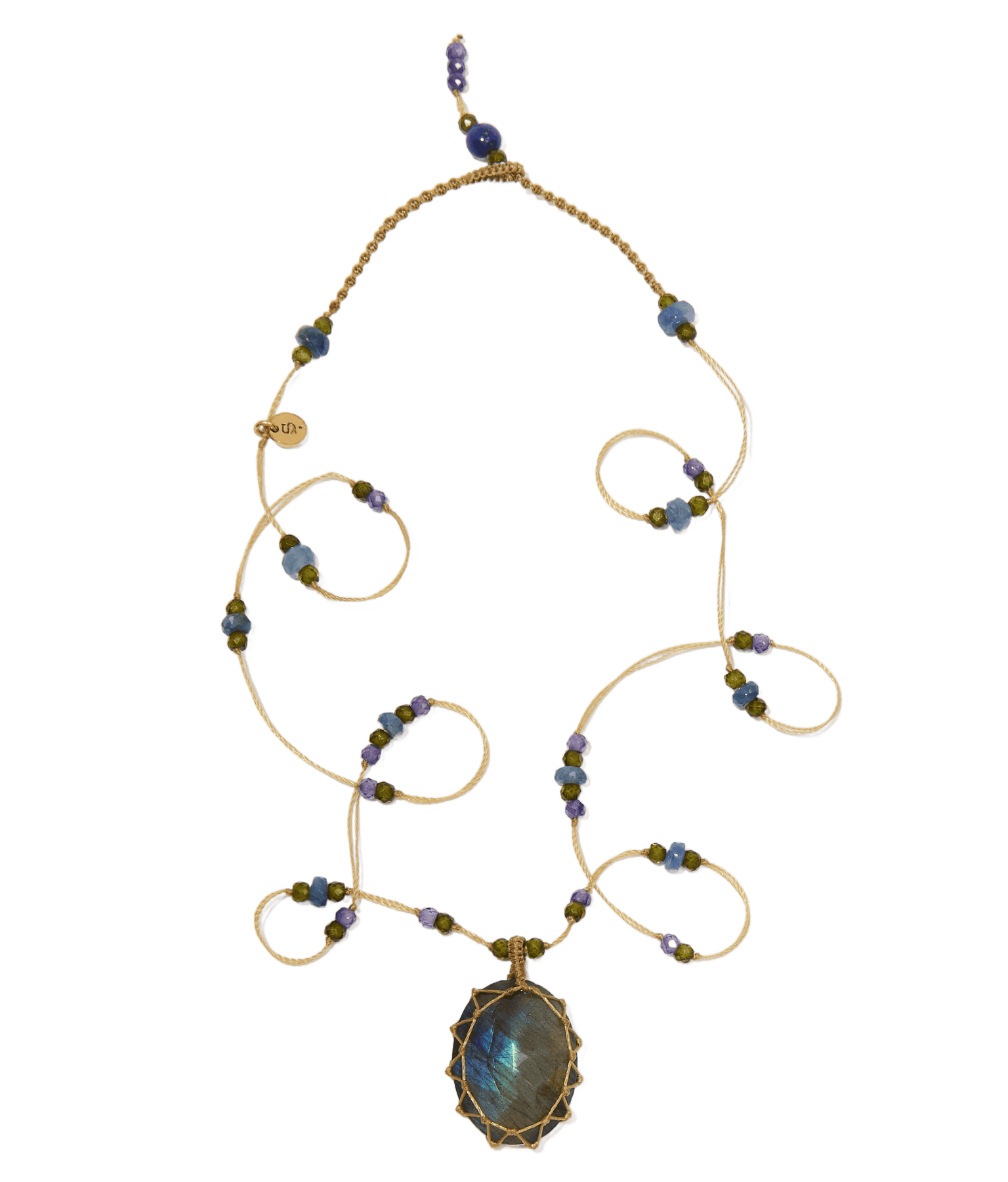 Collier Court Tibétain Sharing en Labradorite, fil beige, 53 cm