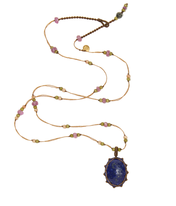 Collier Court Tibétain | Lapis - Fil Tabac & Tourmaline