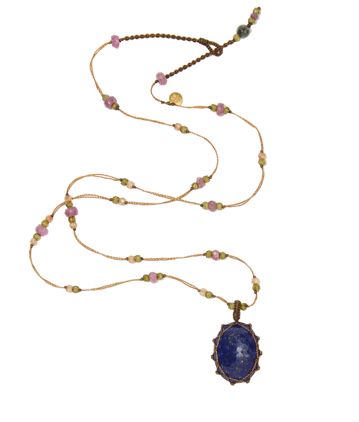 Collier Court Tibétain | Lapis - Fil Tabac & Tourmaline