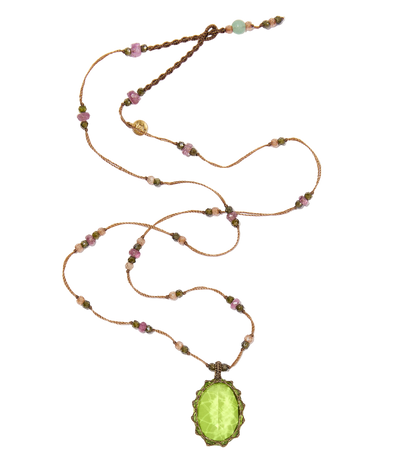 Collier Court Tibétain - Peridot dublet - Mix Tourmaline - Fil Tabac