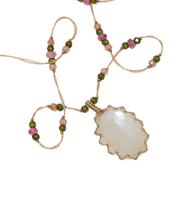 Collana Corta Tibetana - Pietra di Luna - Mix Smeraldo - Filo Beige