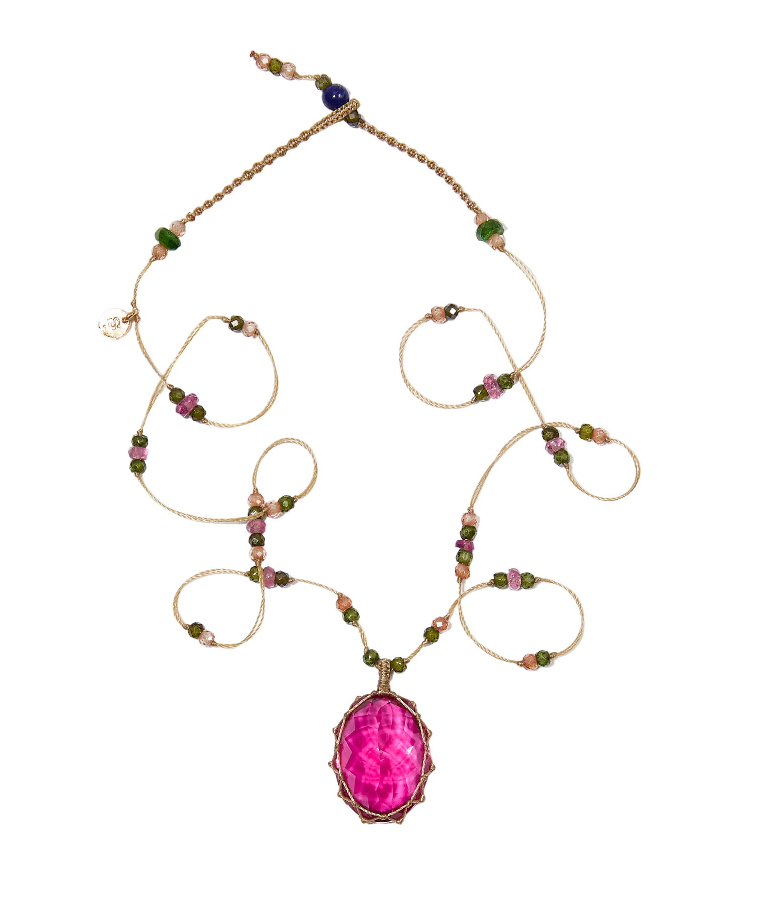 Collier Court Tibétain Sharing en Indian Glass Rose, fil beige
