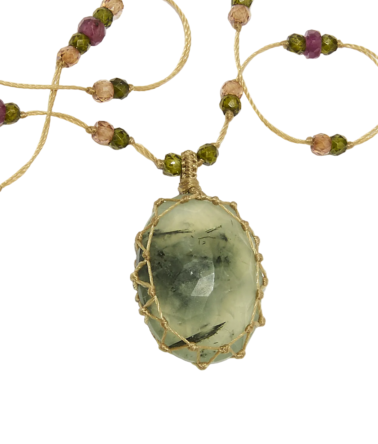 Collier Court Tibétain - Prehnite rutile - Fil Beige & Tourmaline