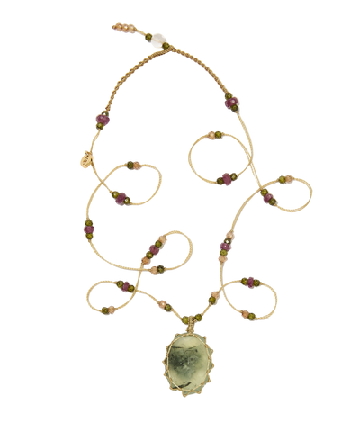 Collier Court Tibétain - Prehnite rutile - Fil Beige & Tourmaline