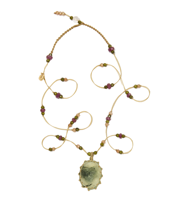 Collier Court Tibétain - Prehnite rutile - Fil Beige & Tourmaline
