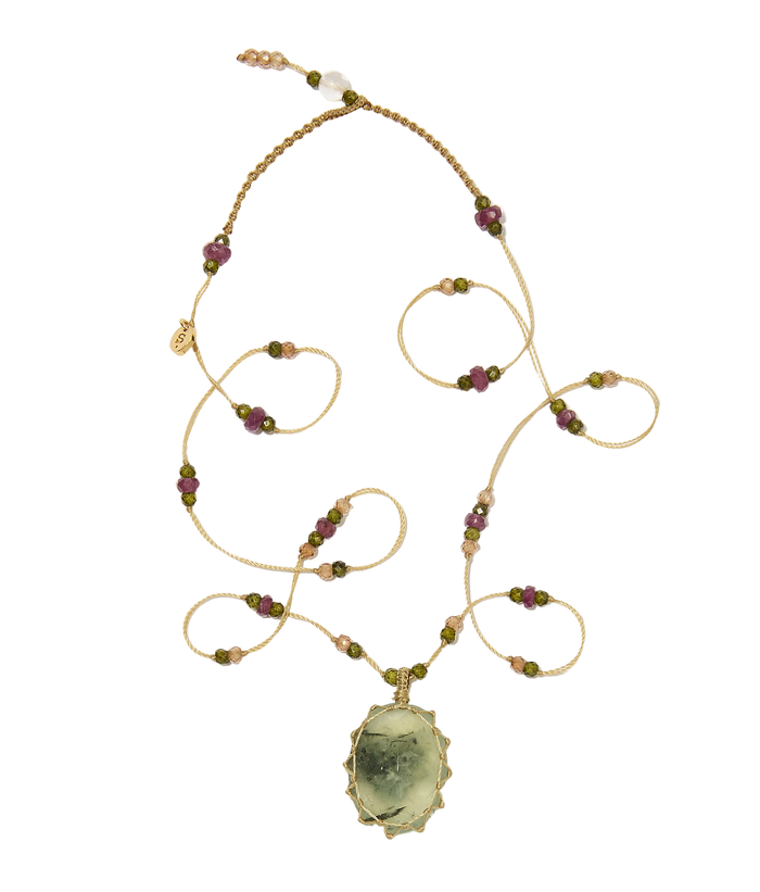 Collier Court Tibétain - Prehnite rutile - Fil Beige & Tourmaline