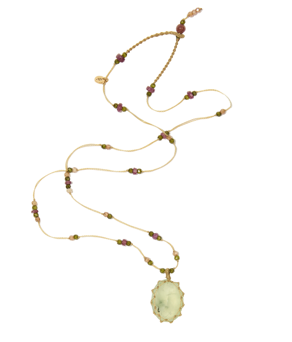 Collier Court Tibétain - Prehnite rutile - Fil Beige & Tourmaline