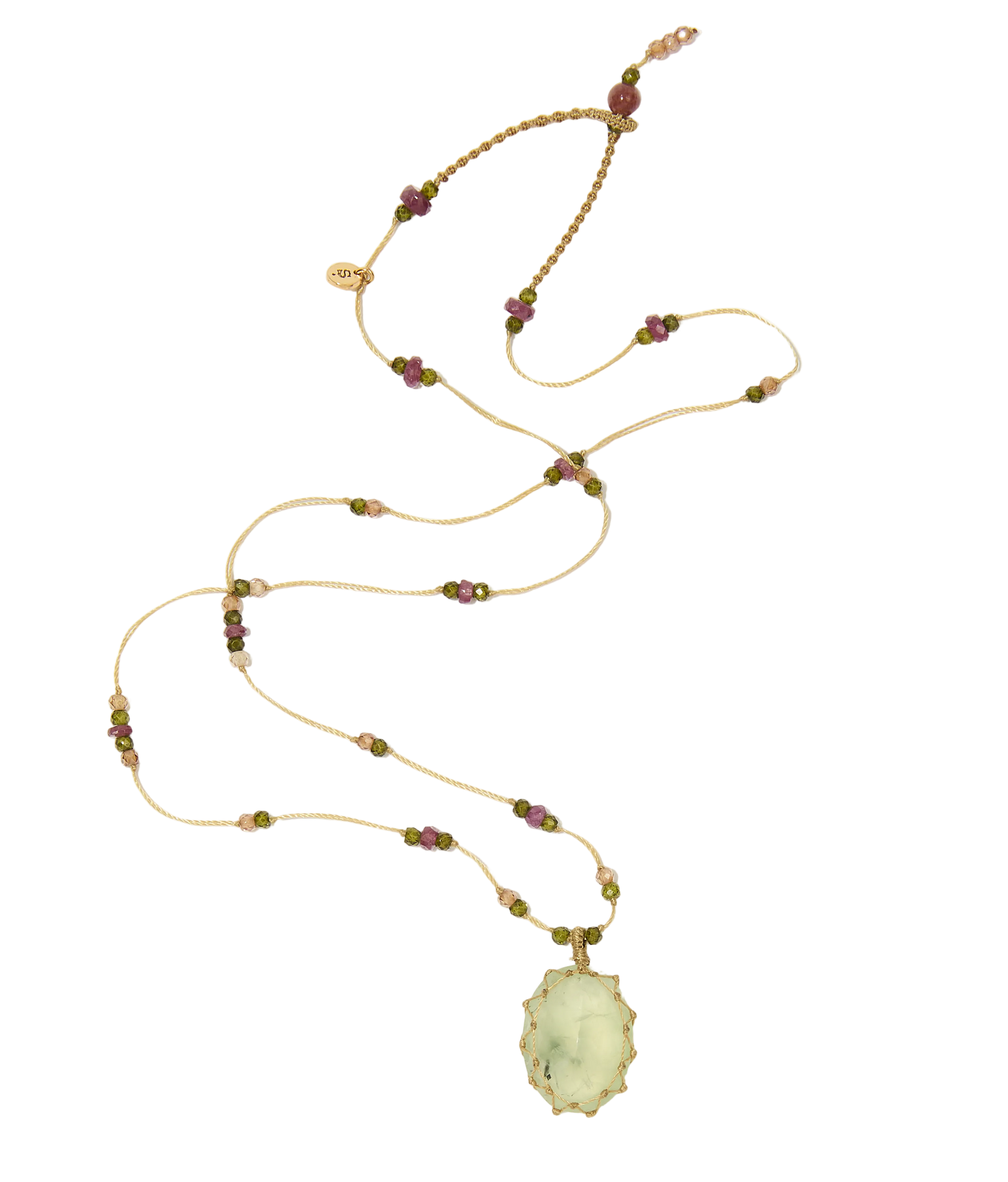 Collier Court Tibétain - Prehnite rutile - Fil Beige & Tourmaline