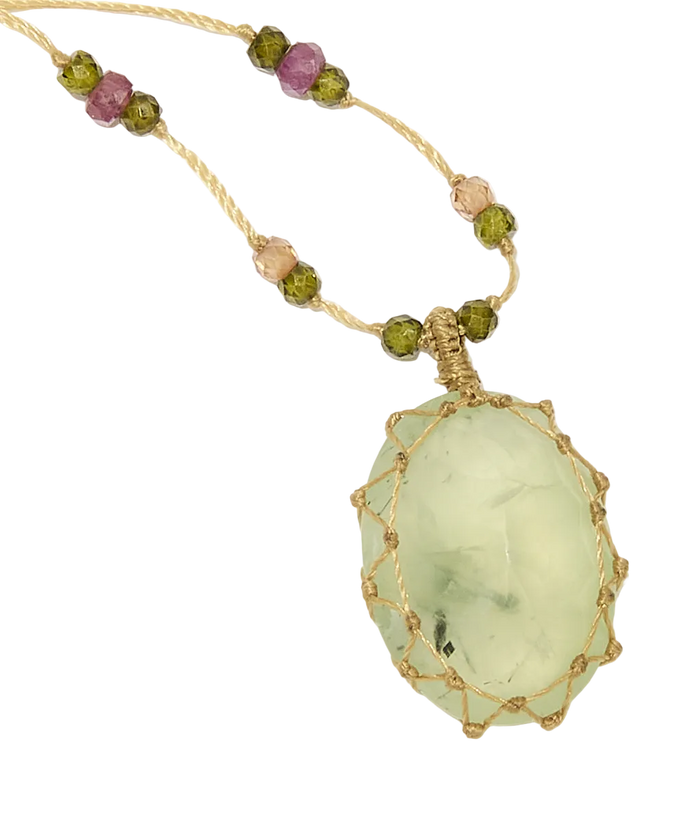Collier Court Tibétain - Prehnite rutile - Fil Beige & Tourmaline