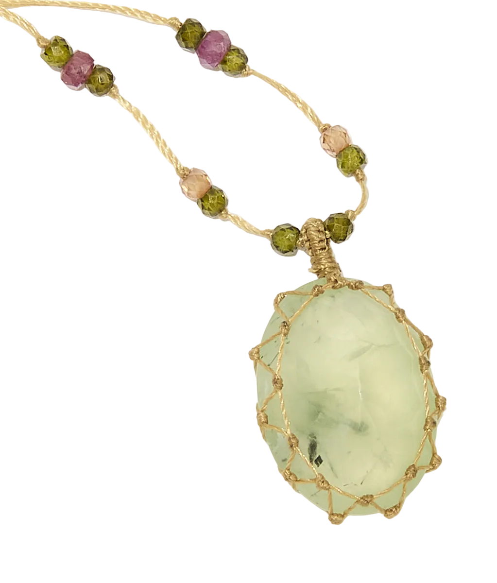 Collier Court Tibétain - Prehnite rutile - Fil Beige & Tourmaline