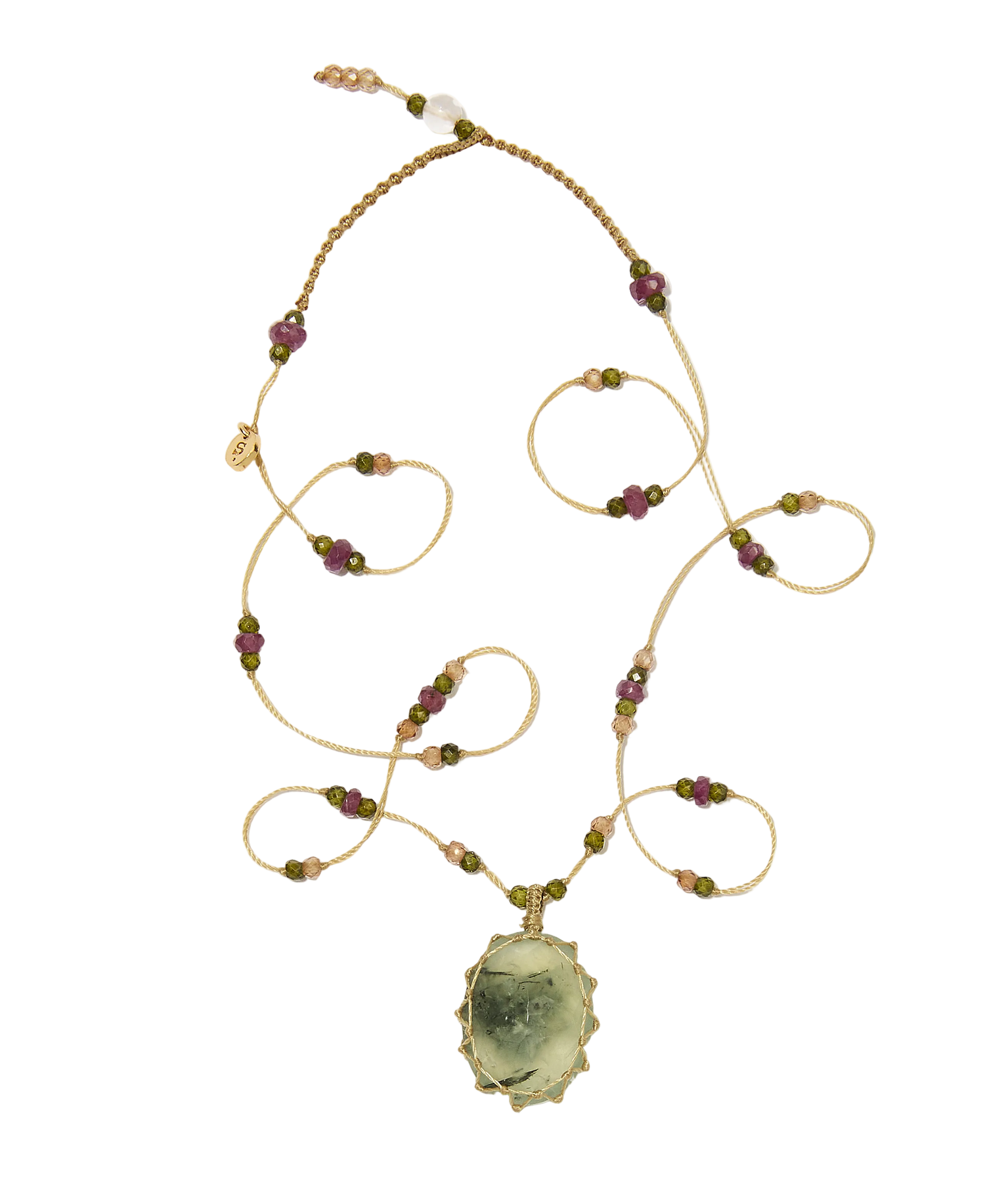 Collier Court Tibétain - Prehnite rutile - Fil Beige & Tourmaline