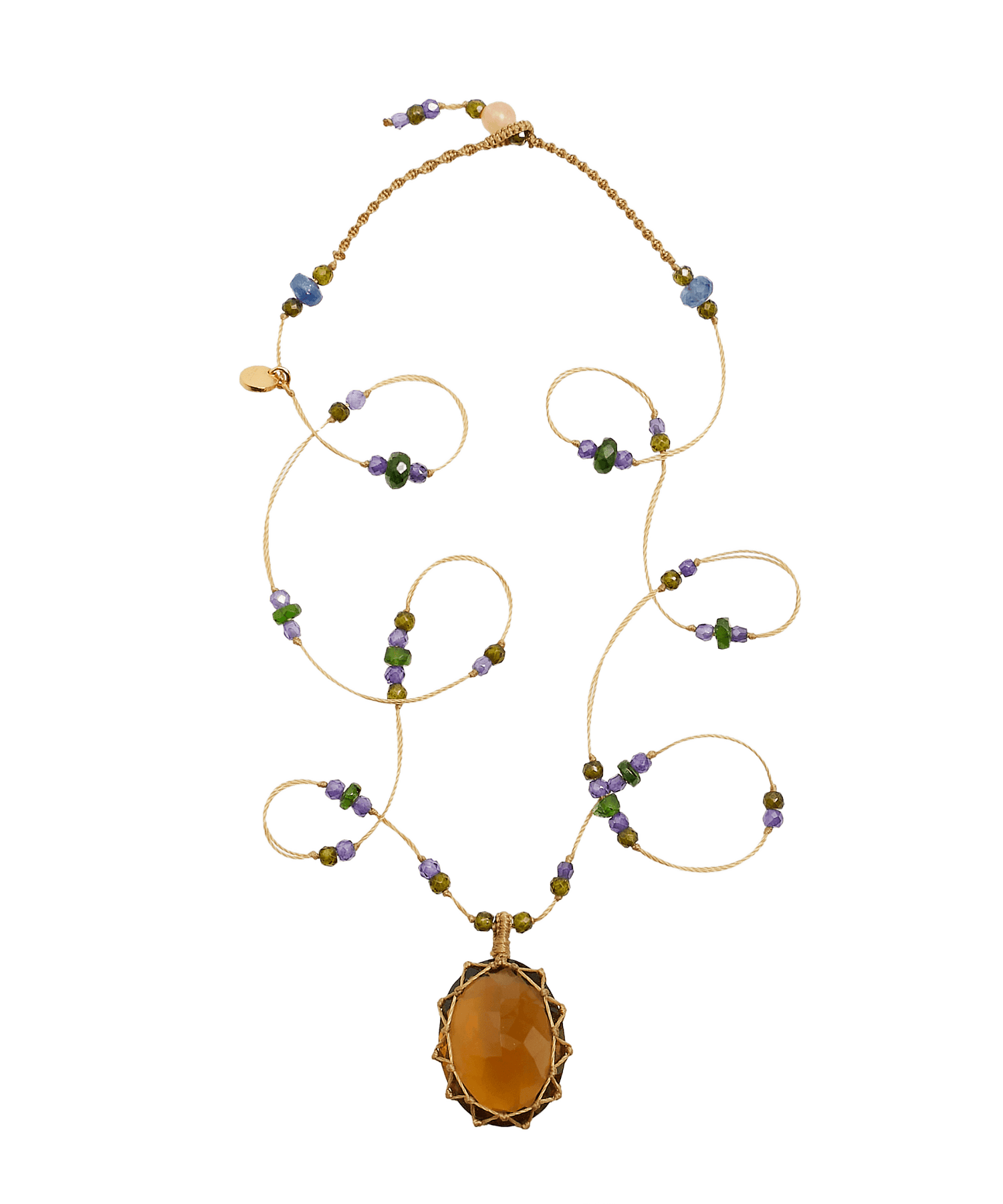 Collier Court Tibétain Sharing en Quartz Miel, fil beige, 53 cm