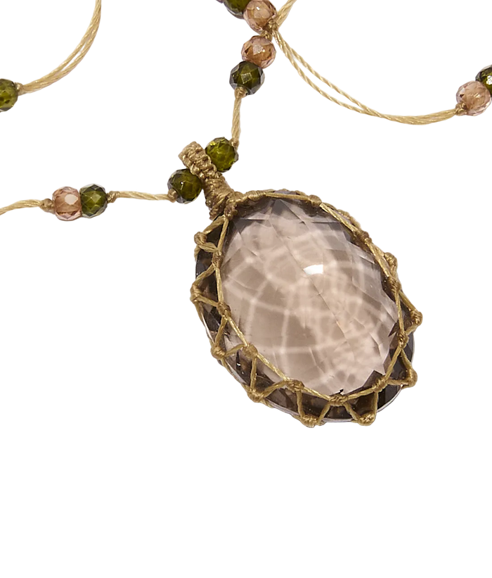 Collier Court Tibétain - Quartz fumé - Mix Tourmaline - Fil Beige