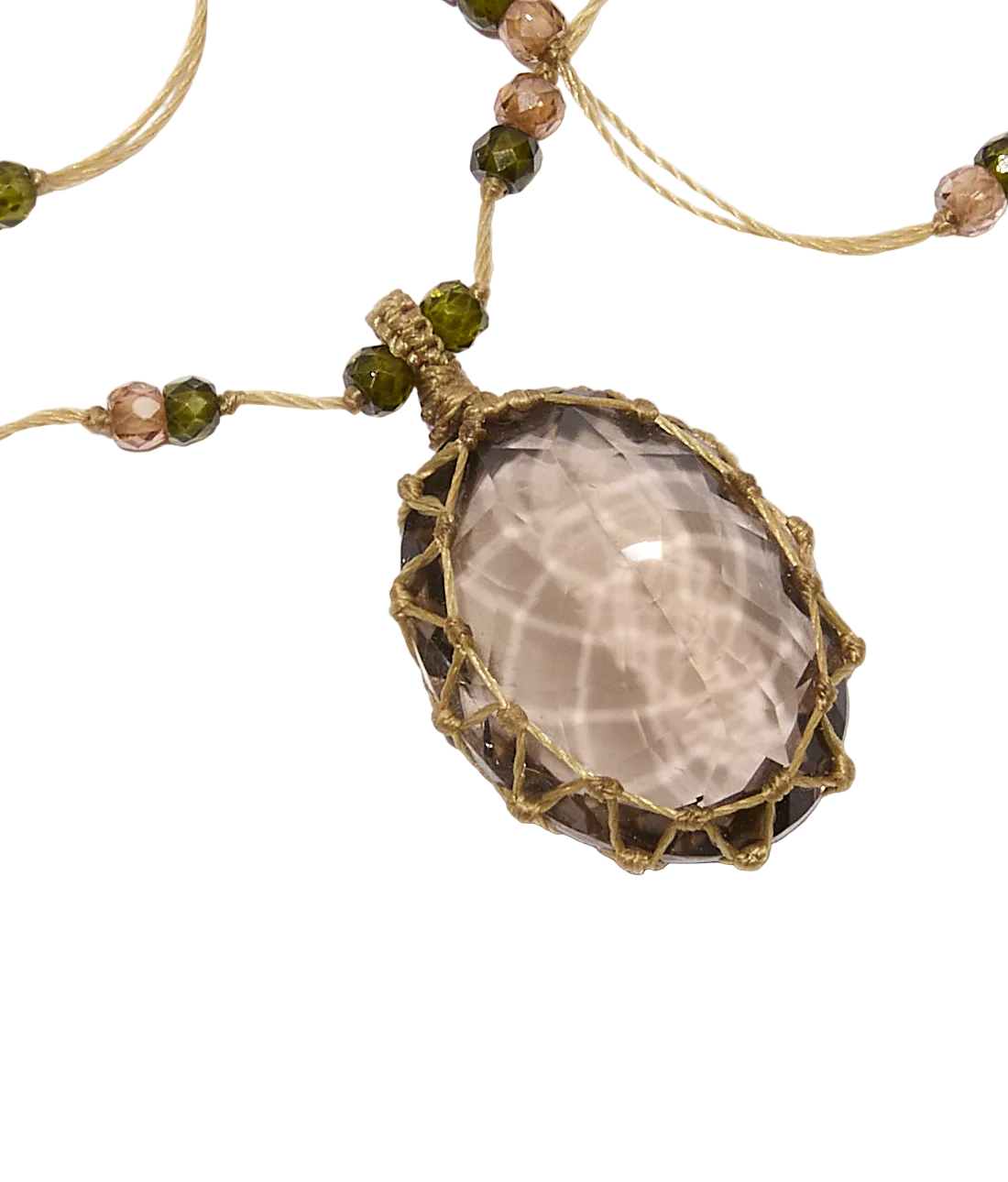 Collier Court Tibétain - Quartz fumé - Mix Tourmaline - Fil Beige