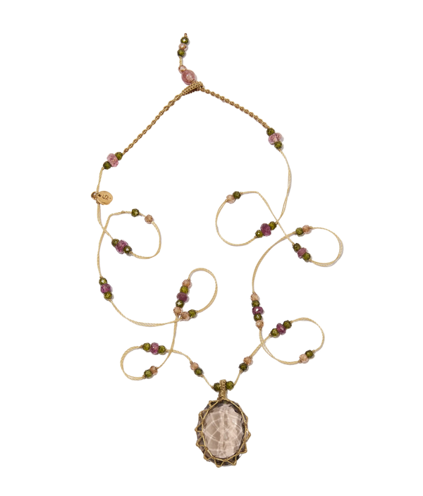 Collier Court Tibétain - Quartz fumé - Mix Tourmaline - Fil Beige