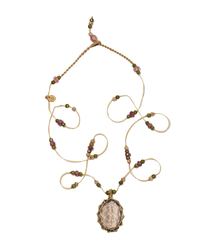 Collier Court Tibétain - Quartz fumé - Mix Tourmaline - Fil Beige