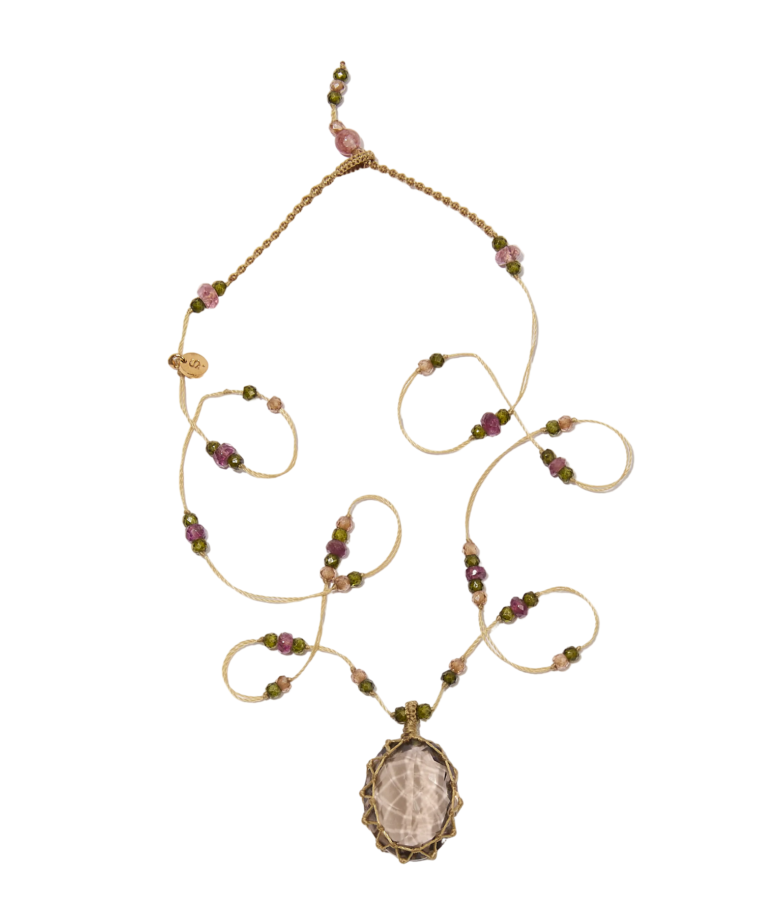 Collier Court Tibétain - Quartz fumé - Mix Tourmaline - Fil Beige