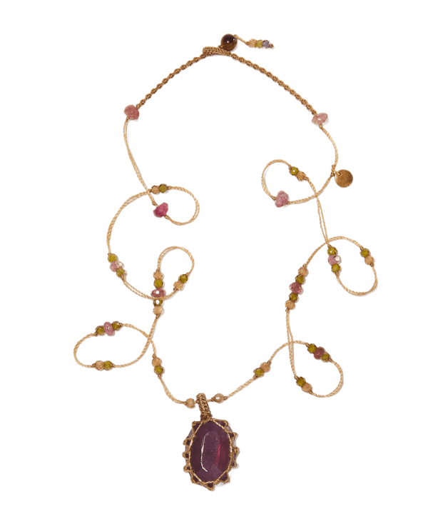 Collier Court Tibétain - Red Corundum Glassfilled - Mix Tourmaline - Fil Beige