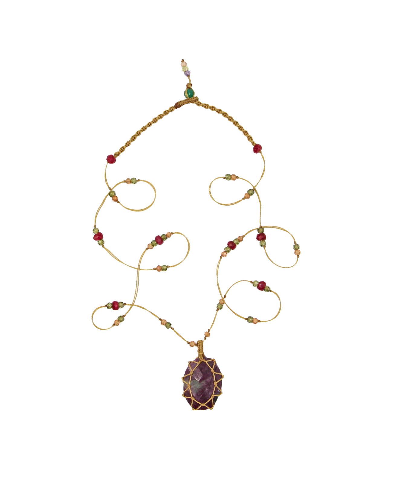 Collier Court Tibétain Sharing en Rubis Zoïsite, fil beige, 53 cm