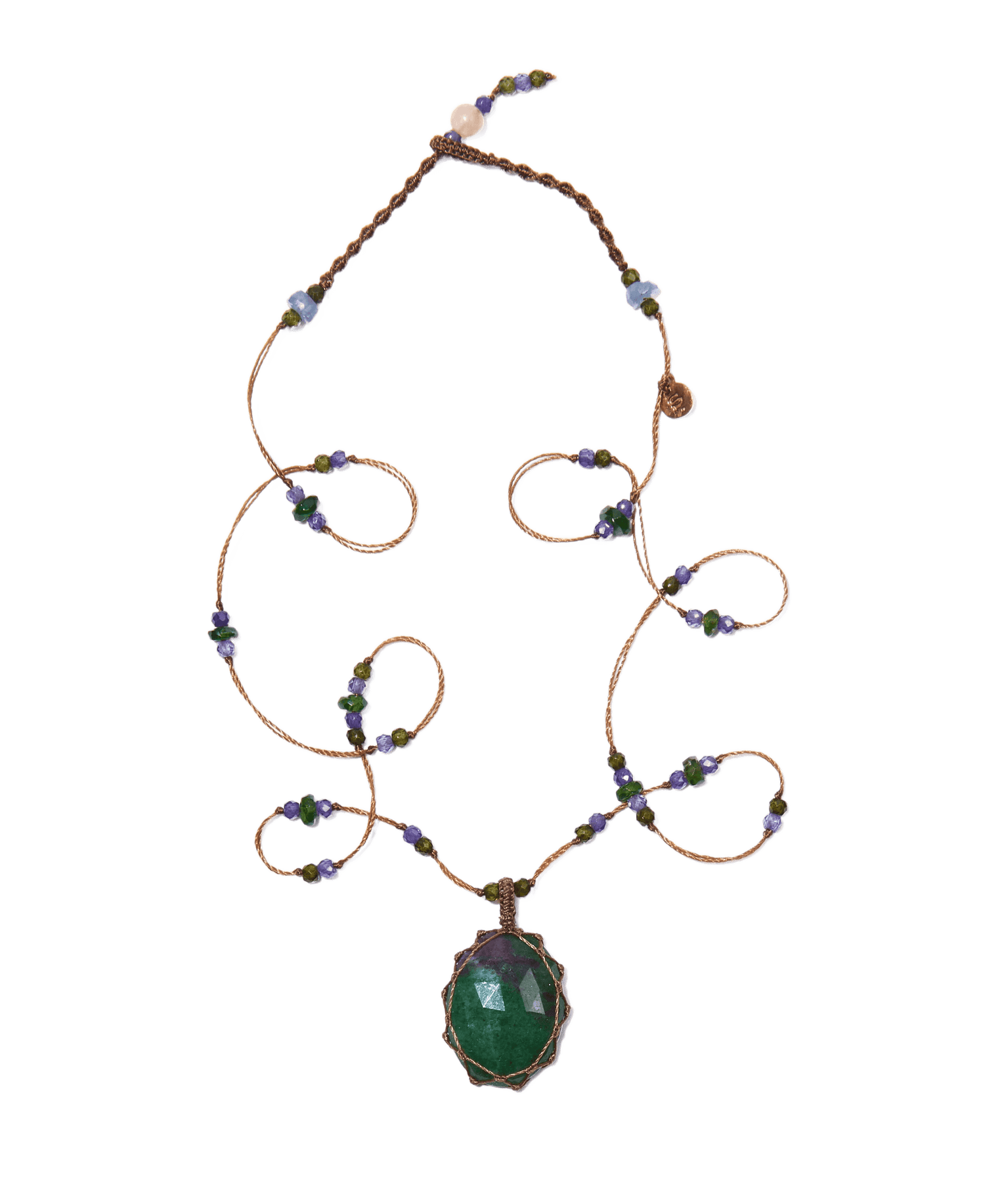 Collier Court Tibétain Sharing en Rubis Zoïsite, fil tabac, 53 cm
