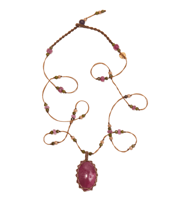 Collier Court Tibétain - Saphir Cabochon - Mix Tourmaline - Fil Tabac