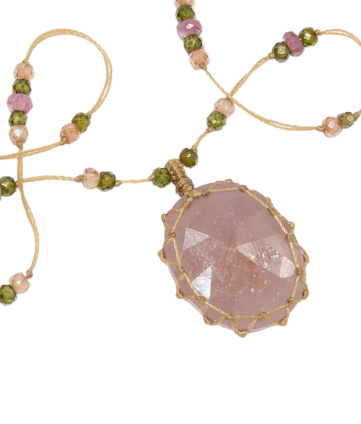 Collier Court Tibétain | Saphir rose - Fil Beige & Tourmaline
