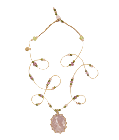 Collier Court Tibétain - Saphir rose - Fil Beige & Tourmaline