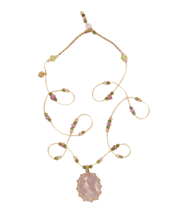 Collier Court Tibétain | Saphir rose - Fil Beige & Tourmaline