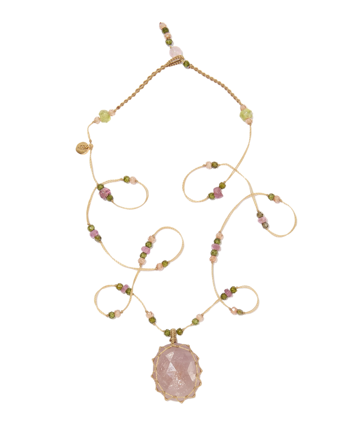 Collier Court Tibétain | Saphir rose - Fil Beige & Tourmaline