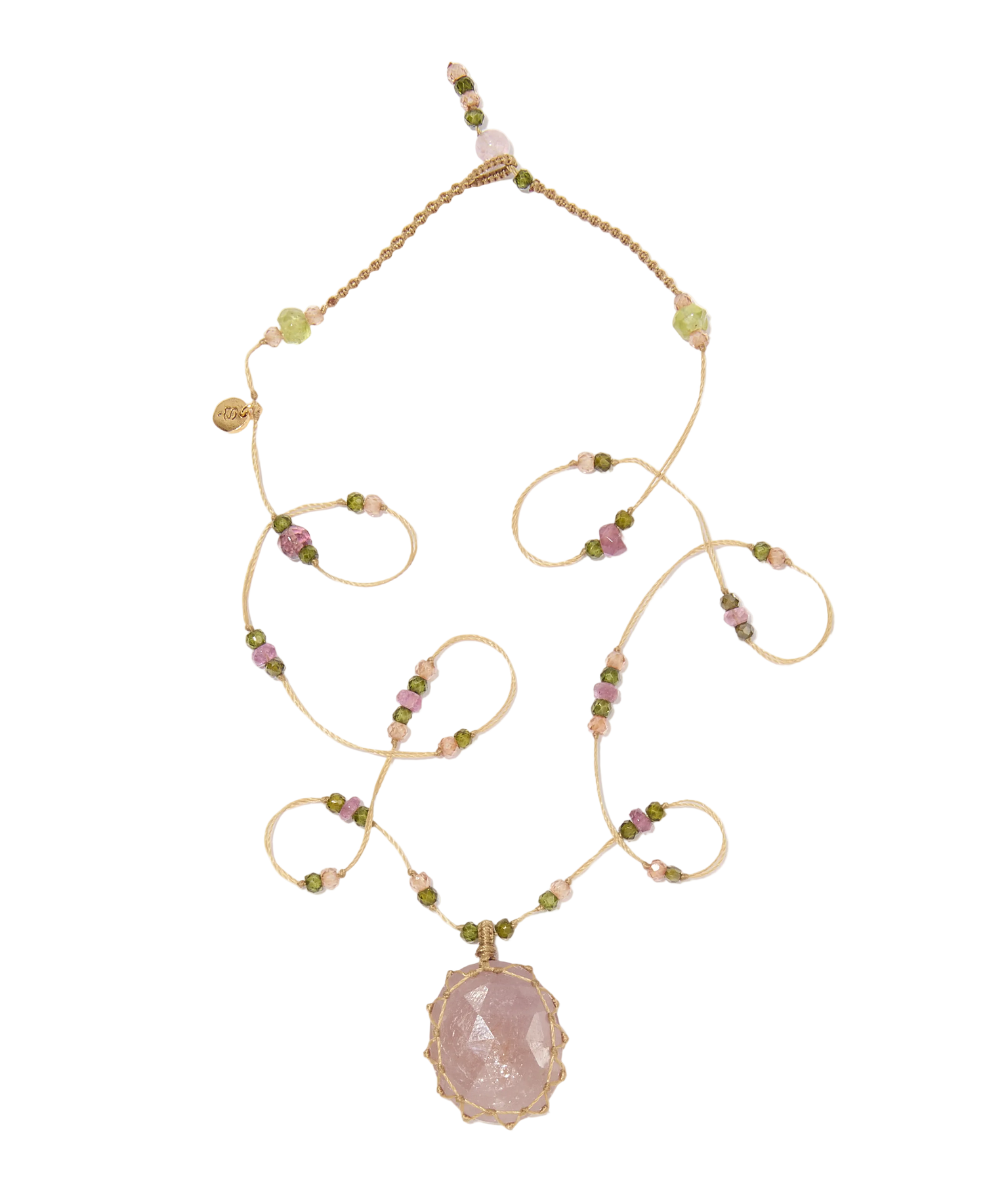 Collier Court Tibétain | Saphir rose - Fil Beige & Tourmaline