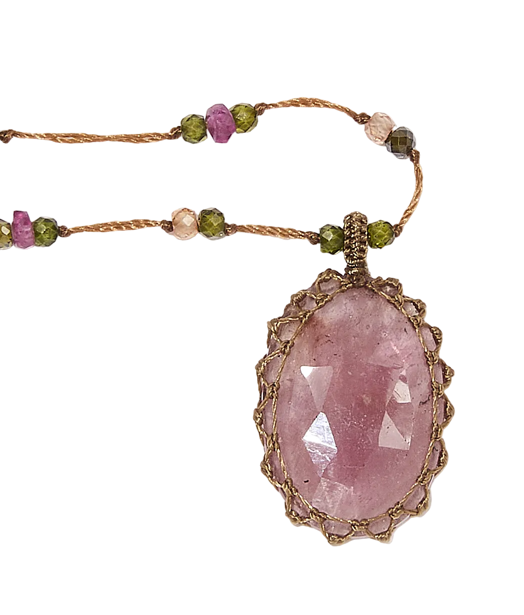 Collier Court Tibétain | Saphir rose - Fil Tabac & Tourmaline