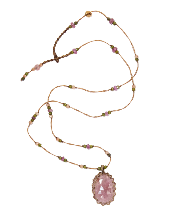 Collier Court Tibétain | Saphir rose - Fil Tabac & Tourmaline