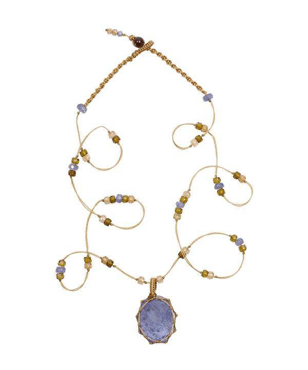 Collier Court Tibétain - Tansanit - Mix Saphir - Fil Beige