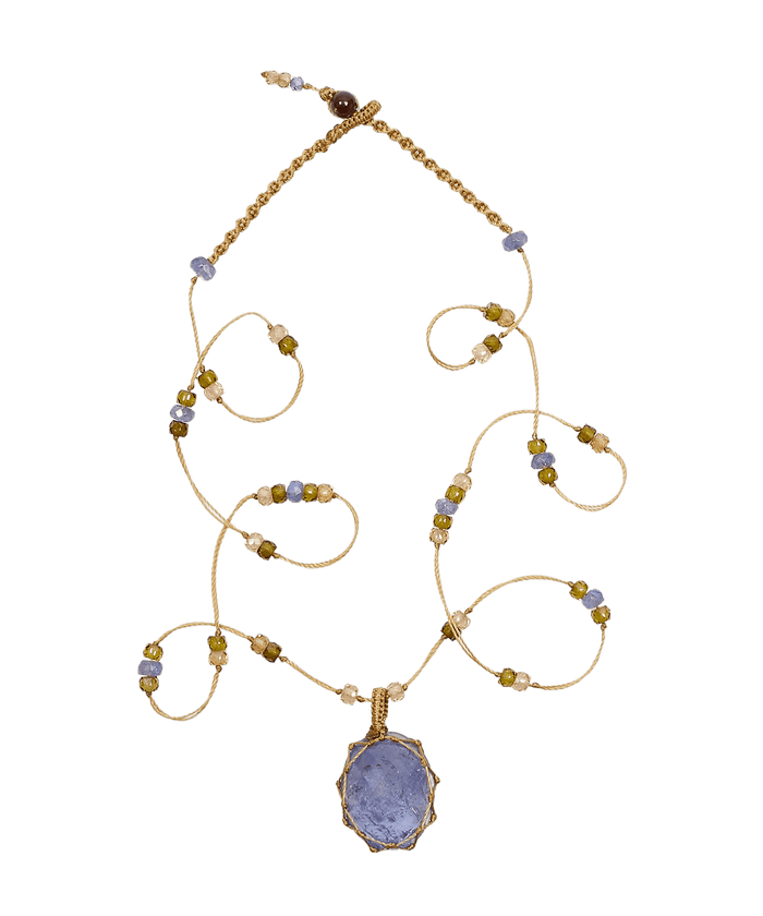 Collier Court Tibétain - Tansanit - Mix Saphir - Fil Beige