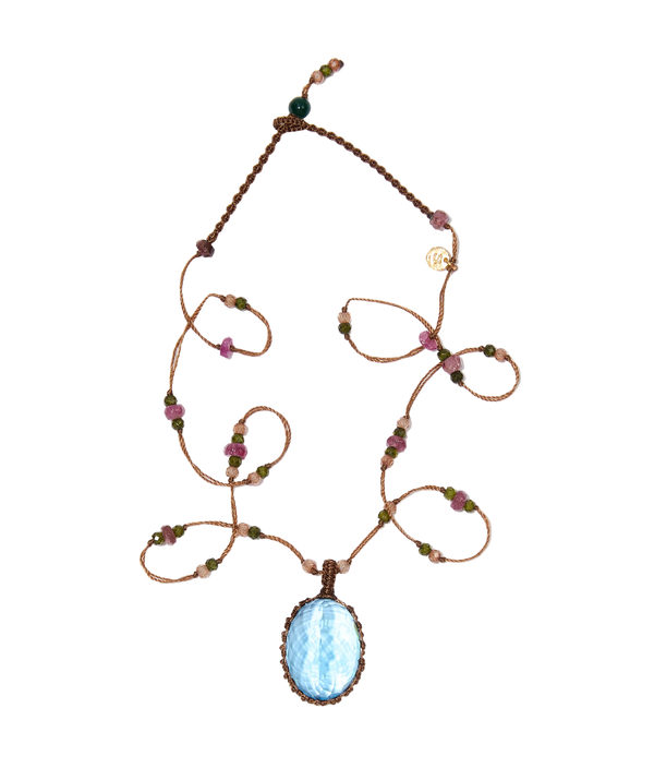 Collier Court Tibétain - Topaze Bleue - Mix Tourmaline - Fil Tabac
