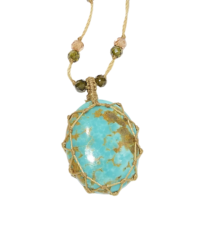 Collier Court Tibétain - Turquoise - Mix Tourmaline - Fil Beige