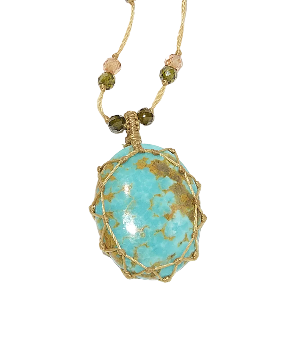 Collier Court Tibétain - Turquoise - Mix Tourmaline - Fil Beige