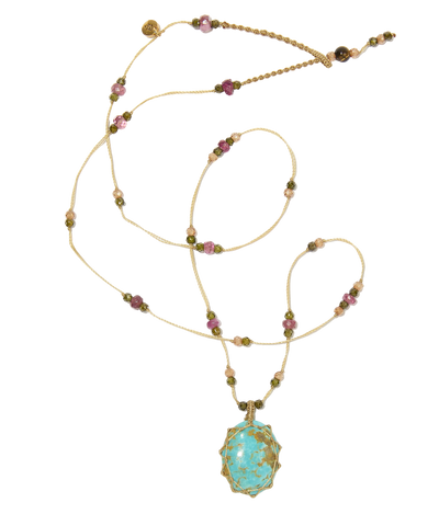 Collier Court Tibétain - Turquoise - Mix Tourmaline - Fil Beige