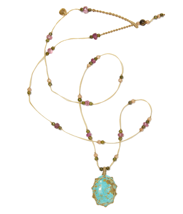 Collier Court Tibétain - Turquoise - Mix Tourmaline - Fil Beige