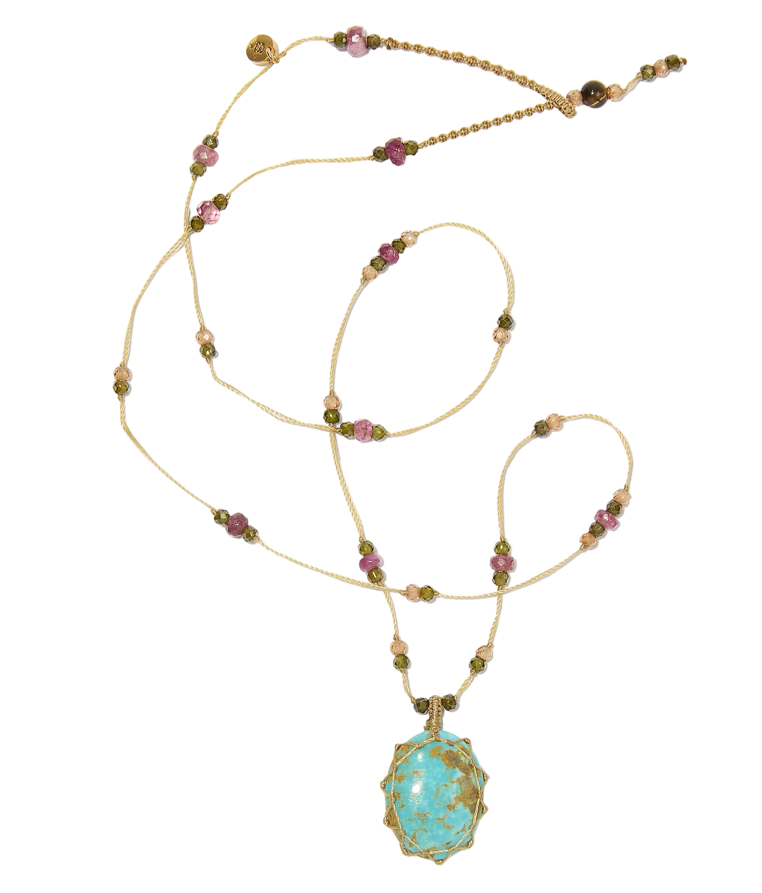 Collier Court Tibétain - Turquoise - Mix Tourmaline - Fil Beige