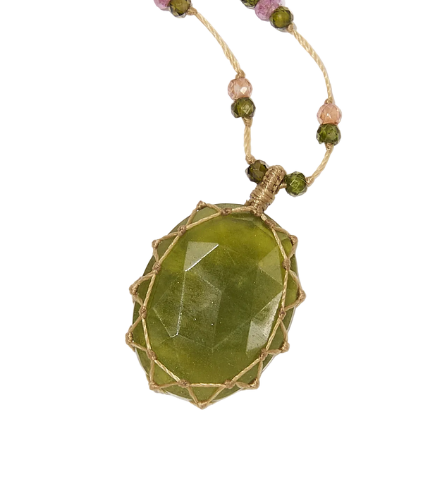 Collier Court Tibétain - Vésuvianite - Mix Tourmaline - Fil Beige