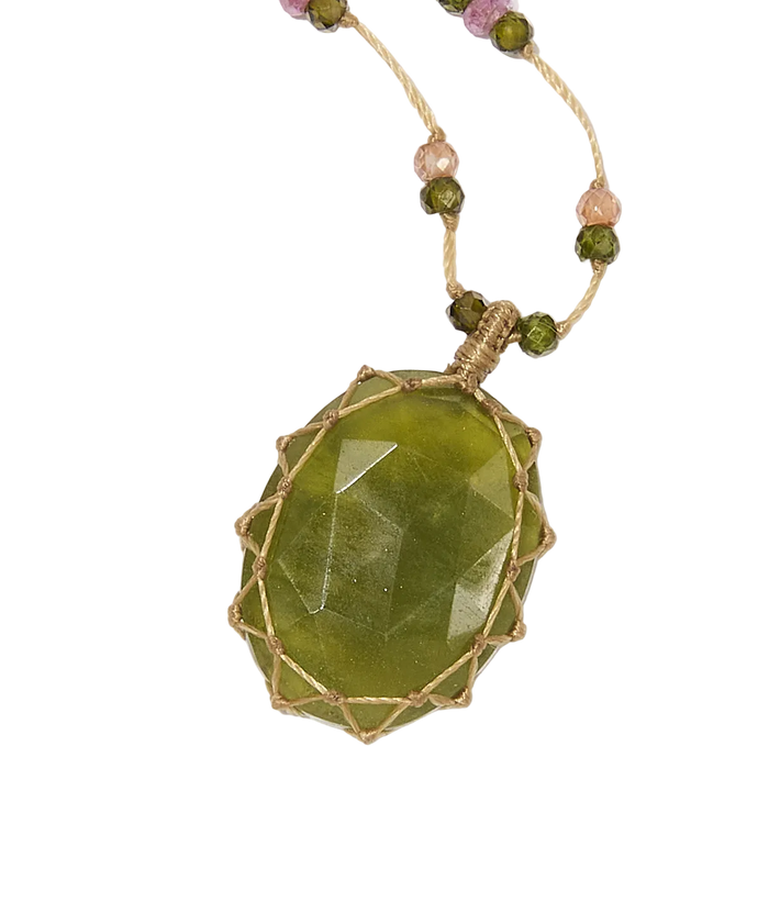 Collier Court Tibétain - Vésuvianite - Mix Tourmaline - Fil Beige