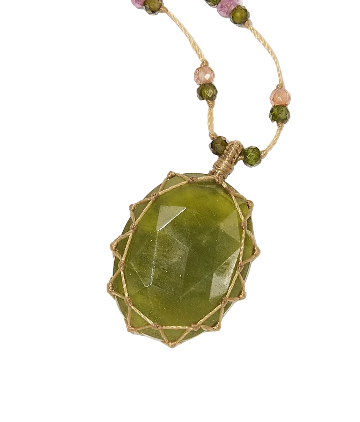 Collier Court Tibétain - Vésuvianite - Mix Tourmaline - Fil Beige