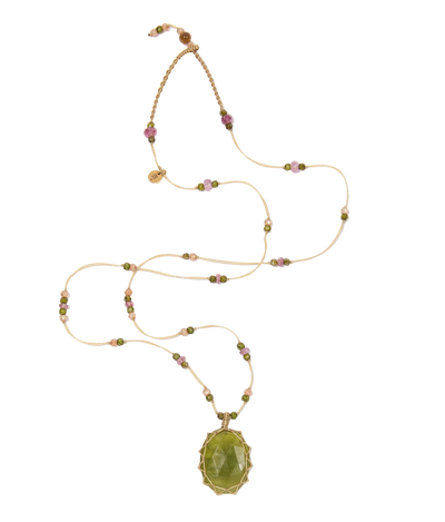 Collier Court Tibétain - Vésuvianite - Mix Tourmaline - Fil Beige